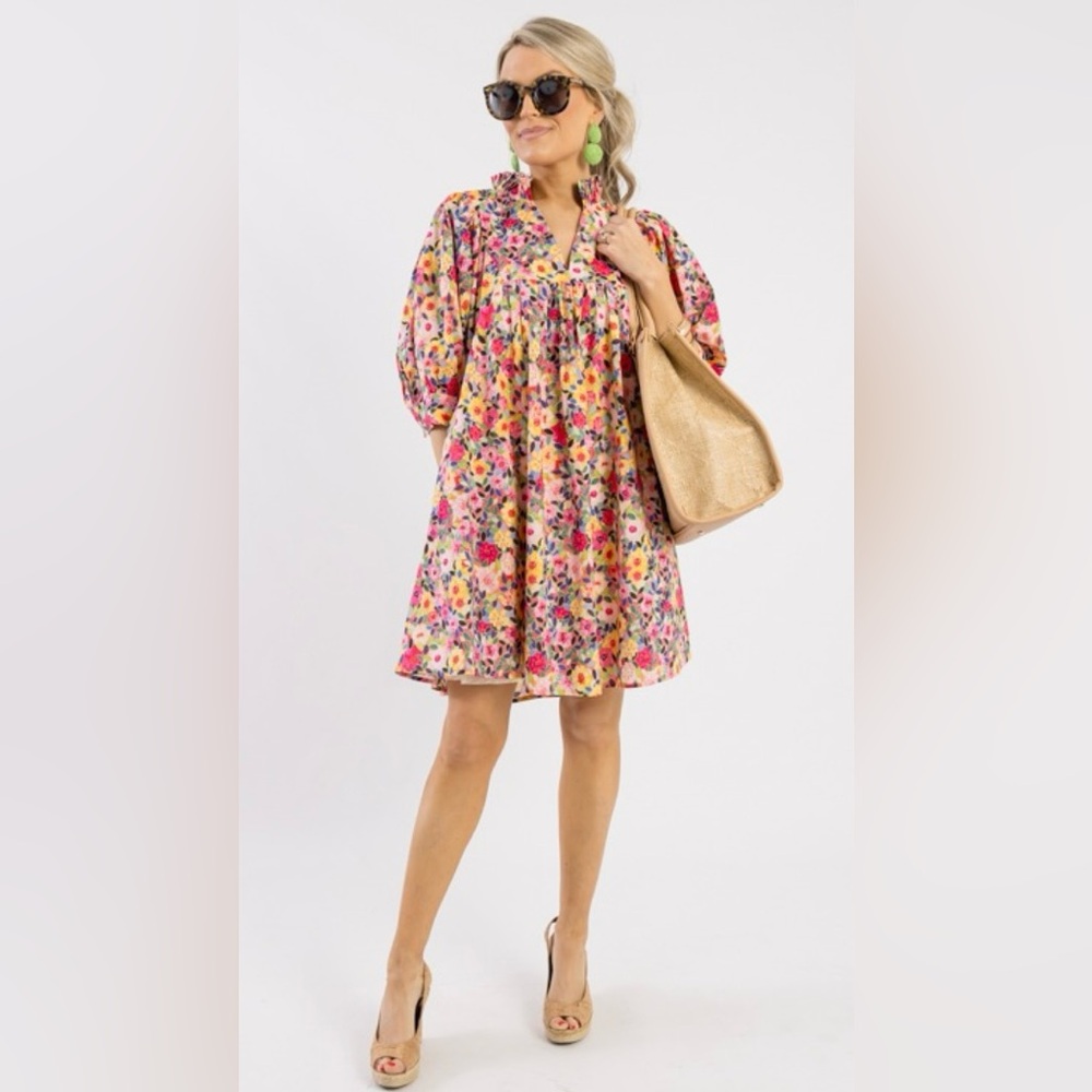 JODIFL Pink Floral Puff-Sleeve Casual Babydoll Dress